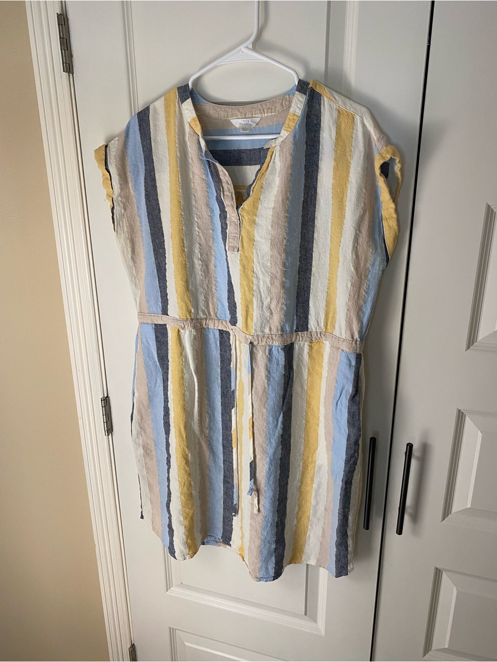 Striped Tie-Waist Linen Blend Tunic - Blue, Yellow & Cream